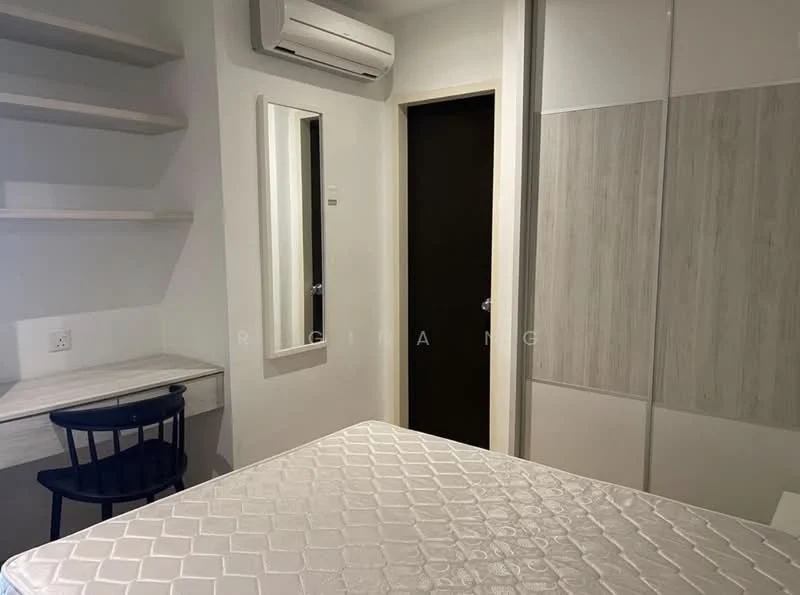 Bedroom features: single bed frame, mattress, built-in wardrobe with sliding doors, white painted walls, wooden flooring, desk with chair, wall-mounted mirror, air conditioning unit, door to hallway, shelving unit; style: modern.