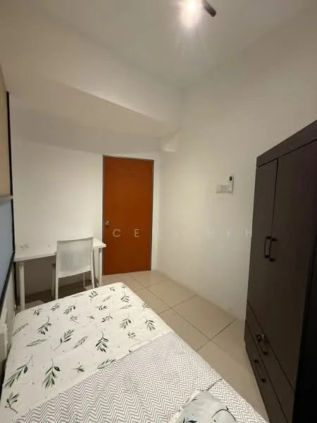 Bedroom features: white painted walls, tile flooring, single bed with floral bedding, built-in wardrobe in dark wood, study desk with white chair, ceiling light fixture, door leading to hallway; style: modern.