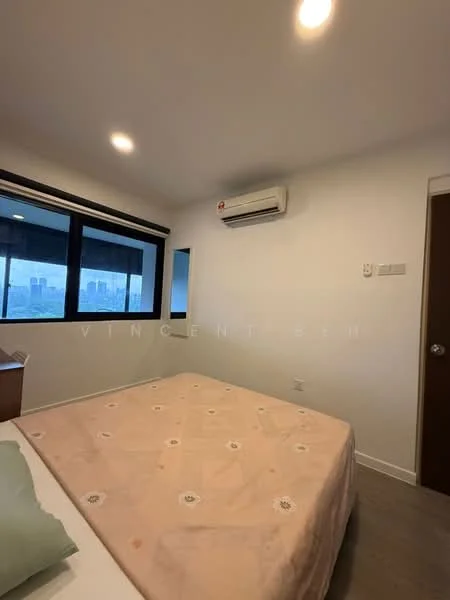 Bedroom features: queen-size bed, light-colored bedding, wooden bed frame, floor-to-ceiling windows, blackout curtains, 1 wall-mounted split AC, recessed downlights, light grey walls, laminate flooring, nightstand, decorative wall art; style: modern; view: city.