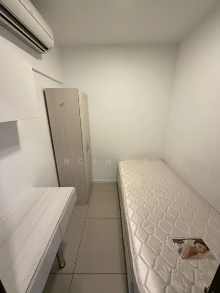 Bedroom features: white painted walls, tile flooring, single bed frame, mattress on bed frame, built-in wardrobe in light wood, white bedside table, wall-mounted air conditioning unit; style: minimalist.