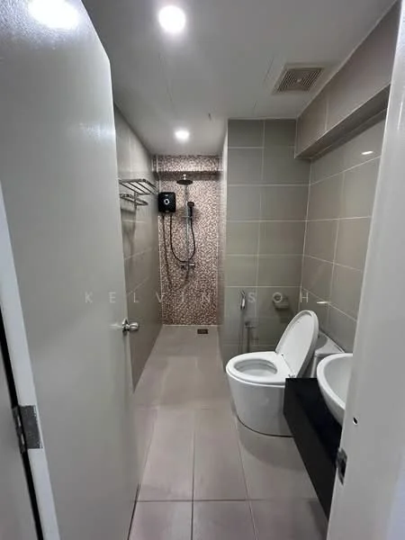 Bathroom features: grey tiled walls, mosaic tile accent wall, ceramic tile flooring, walk-in shower with glass enclosure, rain shower head, handheld shower, one-piece toilet, wall-mounted sink, chrome basin mixer, towel rack, exhaust fan, recessed downlights; style: modern.