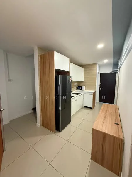 Kitchen features: white cabinetry, wooden cabinetry, black refrigerator, built-in oven, stainless-steel sink, chrome faucet, ceramic tile flooring, recessed LED downlights, countertop with backsplash, microwave, kitchen island, open shelving; style: modern.