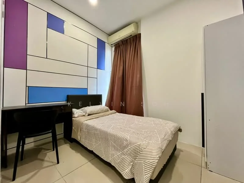 Bedroom features: single bed with patterned bedding, study desk with chair, white wardrobe, cream tiled flooring, air conditioning unit, curtains, accent wall with geometric design, wall-mounted light fixture; style: modern.