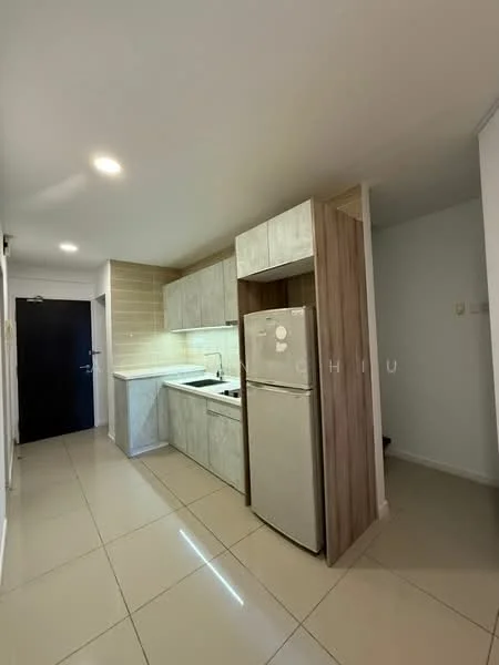 Kitchen features: white cabinetry, light wood accents, stainless-steel fridge, built-in stove, white countertop, tile backsplash, ceramic tile flooring, recessed downlights, single-bowl stainless-steel sink, chrome pull-down faucet; style: modern.