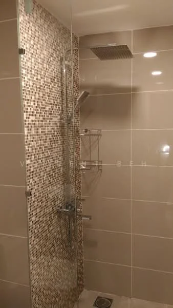 Bathroom features: walk-in shower with glass enclosure, rain shower head, handheld shower, mosaic tile wall, beige ceramic tile walls, chrome shower fixtures, built-in shower shelf, tile flooring; style: modern.