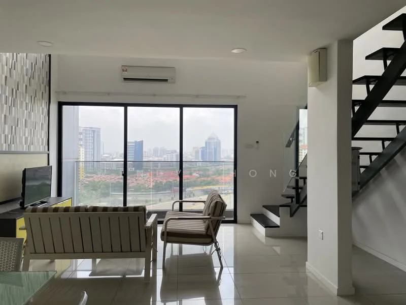 Living features: floor-to-ceiling windows, city view, white painted walls, polished tile flooring, recessed downlights, air conditioning unit, sofa with light upholstery, coffee table, TV console, staircase with metal railing; style: modern; view: city.