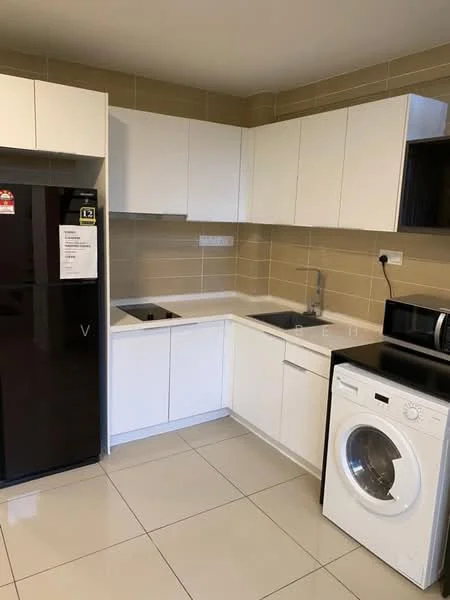 Kitchen features: black refrigerator, white cabinetry, double-bowl stainless-steel sink, chrome pull-down faucet, white countertop, built-in microwave, freestanding washing machine, ceramic tile flooring, wall-mounted backsplash, neutral wall tiles, under-cabinet lighting; style: modern.