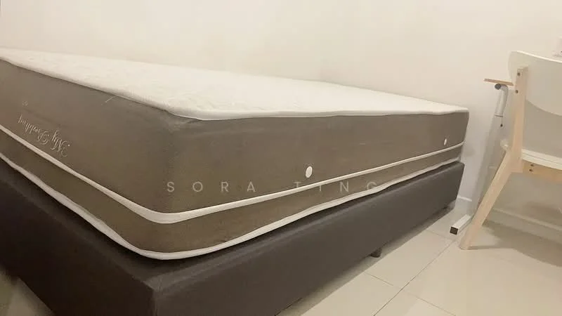 Room features: queen-size bed, mattress with white top, brown upholstered bed frame, light-colored wall, tile flooring, wooden chair; style: modern.