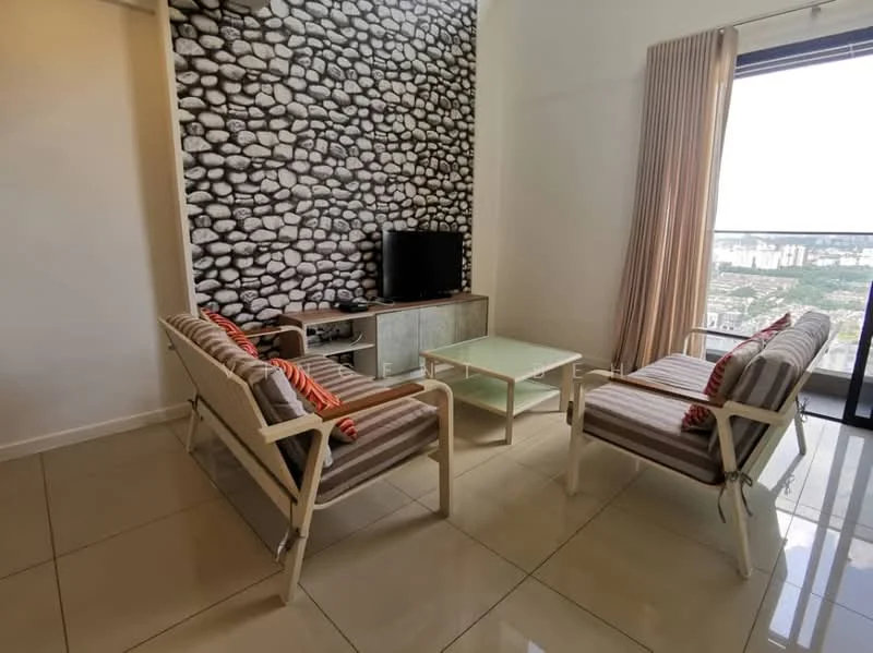 Living features: stone accent wall with black and white pattern, flat-screen TV on console, light wooden console table, glass coffee table, two armchairs with striped upholstery, orange and white decorative cushions, large floor-to-ceiling window, curtains in light fabric, glossy tiled flooring, city view visible through window; style: modern; view: city.
