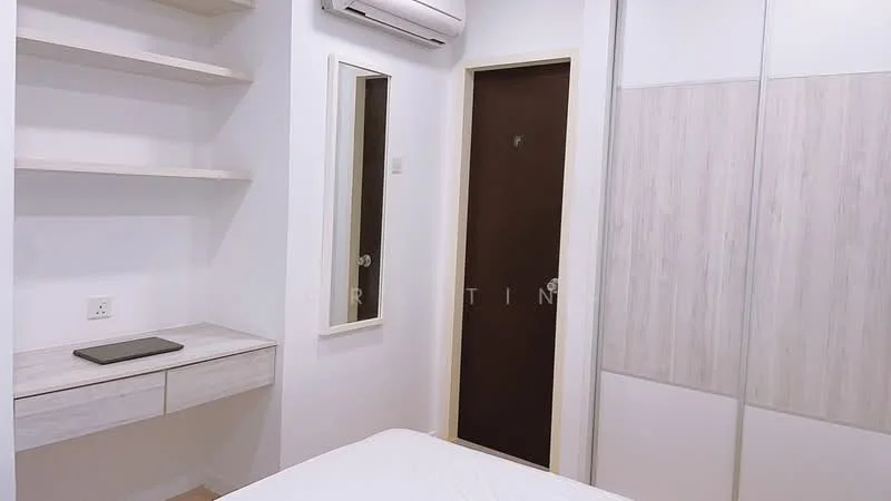 Room features: white painted walls, wooden flooring, built-in wardrobe with sliding doors, mirror on wall, shelf unit, wall-mounted air conditioning unit, door to another room, desk surface, light fixture; style: modern.