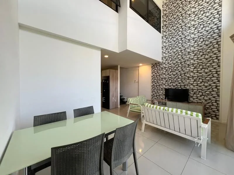 Living features: high ceiling, stone feature wall, large windows, white painted walls, ceramic tile flooring, sofa with white frame, green and white striped cushions, TV console, wall-mounted TV, glass dining table, black dining chairs; style: modern.