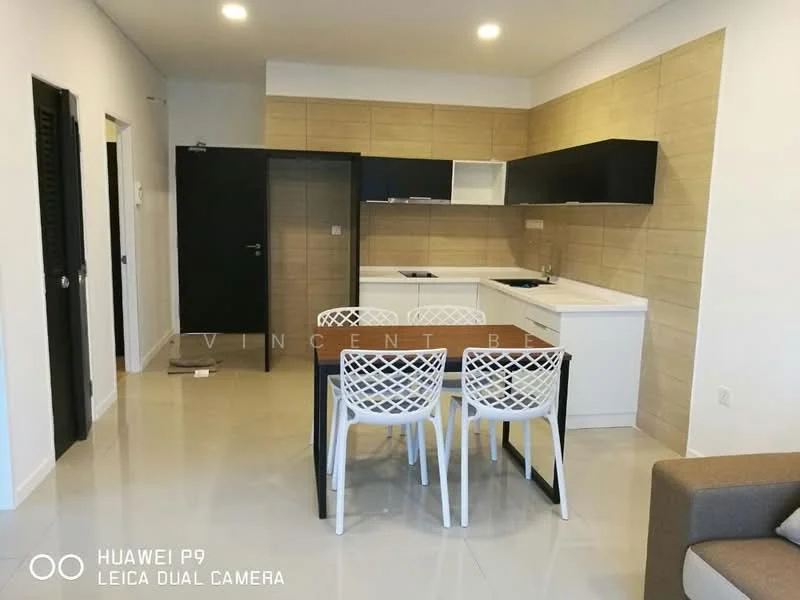 Kitchen features: white cabinetry, black upper cabinets, light brown tiled backsplash, stainless-steel sink, chrome pull-down faucet, built-in stove, white countertop, dining table with four white chairs, ceramic tile flooring, recessed downlights, open layout, wall-mounted cabinets; style: modern. Room features: white walls, doorway leading to hallway, black door, light-colored flooring.