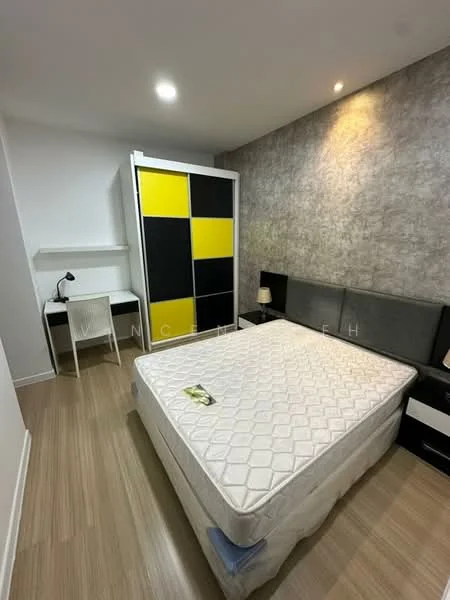 Bedroom features: queen-size bed, upholstered headboard, built-in wardrobe with yellow and black panels, study desk with chair, table lamp, wooden flooring, grey accent wall, recessed lighting; style: modern.
