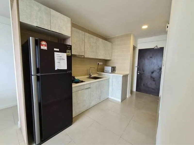 Kitchen features: black fridge, built-in cabinetry with light wood finish, white countertop, stainless-steel sink, chrome pull-down faucet, microwave, ceramic tile flooring, wall-mounted cabinet, tile backsplash, recessed downlights; style: modern.
