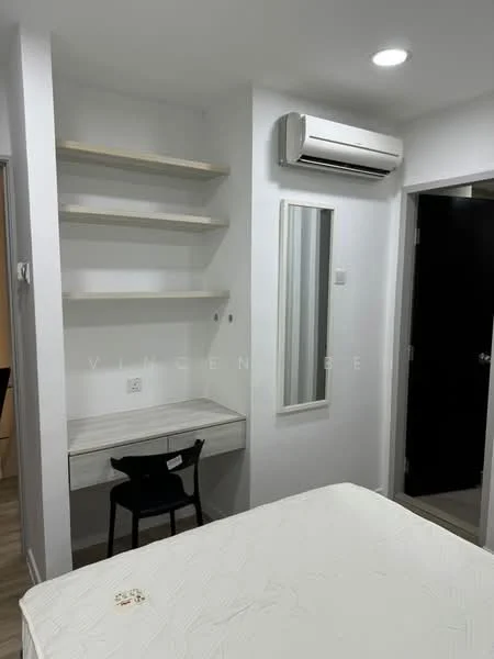 Bedroom features: white painted walls, wooden flooring, 1 wall-mounted split AC, built-in shelving unit, desk with chair, mirror, door, light fixture; style: modern.