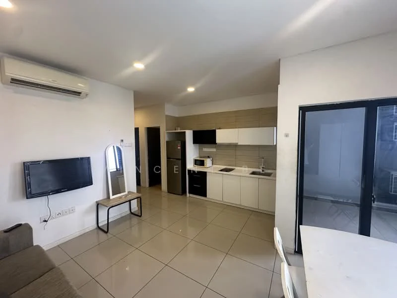 Living features: wall-mounted TV, sofa in grey fabric, dining table with white surface, 4 white dining chairs, kitchen with white and wood cabinetry, stainless-steel fridge, built-in microwave, ceramic tile flooring, wall-mounted split AC, sliding glass door, recessed LED downlights; style: modern.