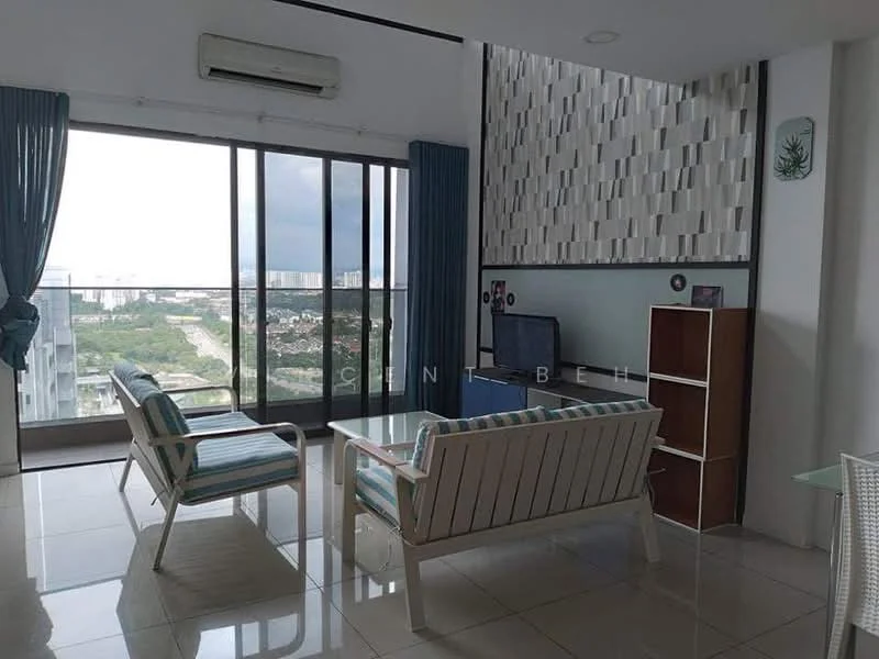 Living features: floor-to-ceiling windows, city view, white painted walls, light grey accent wall, polished tile flooring, 2-seater fabric sofa in light blue, coffee table with glass top, TV console, air conditioning unit, curtains in light blue, decorative wall paneling; style: modern; view: city.
