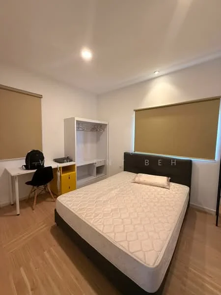 Bedroom features: queen-size bed without bedding, wooden flooring, white painted walls, two windows with roller blinds, built-in wardrobe with hanging space, study desk with chair, desk lamp, black backpack on the floor, ceiling light fixture; style: modern.