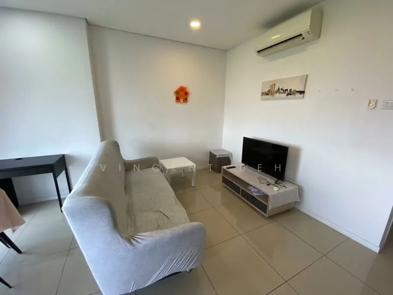 Living features: grey fabric sofa, white coffee table, TV console, wall-mounted TV, air conditioning unit, cream painted walls, tile flooring, decorative wall art; style: modern.