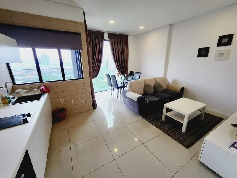 Living features: white painted walls, glossy tile flooring, floor-to-ceiling windows, brown curtains, beige fabric sofa, white coffee table, black area rug with geometric pattern, dining table with chairs, kitchenette with countertop, kitchen cabinets; style: modern; view: city.
