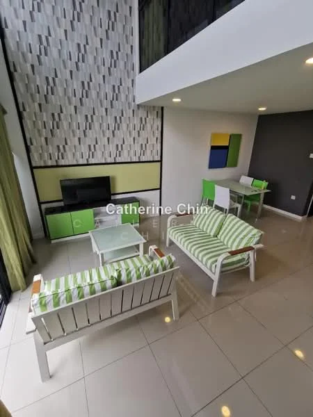 Living features: white wooden sofa with green and white striped cushions, glass coffee table, TV console with green cabinetry, wall-mounted TV, decorative wall with textured panels, large windows with sheer curtains, recessed ceiling lights, ceramic tile flooring; style: modern.