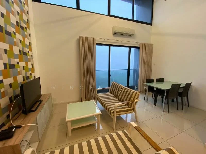 Living features: floor-to-ceiling windows, sliding glass door, beige fabric sofa, striped armchair, coffee table with glass top, TV console, wall-mounted TV, recessed downlights, white painted walls, tile flooring, dining table with four chairs, curtains, air conditioning unit; style: modern.