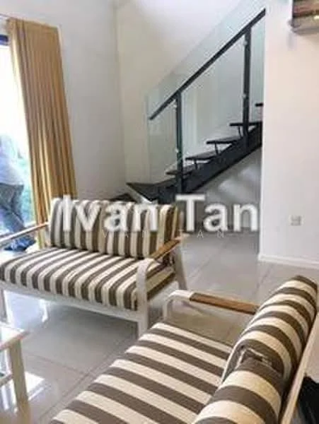 Living features: striped fabric sofa, 2-seater sofa, armchair, glass coffee table, large sliding glass door, curtains, white walls, tile flooring, staircase with glass railing, recessed lighting; style: modern.