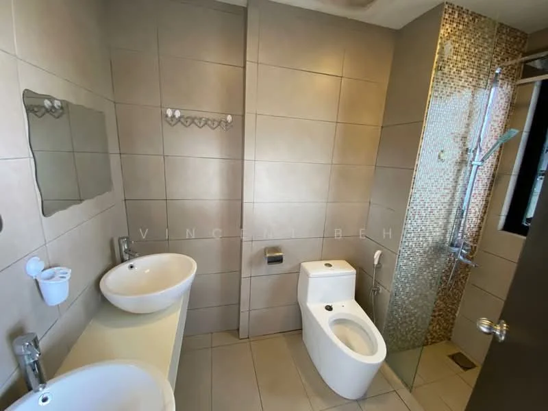Bathroom features: cream tiled walls, cream tiled flooring, double-sink vanity with round basins, chrome basin mixers, one-piece toilet, bidet, walk-in shower with glass enclosure, rain shower head, mosaic tile accent wall, wall-mounted mirrors, towel rack, toilet paper holder; style: modern.
