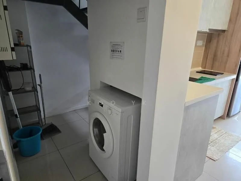 Laundry features: front-load washing machine, white cabinetry, grey countertop, tile flooring, light-colored walls, open shelving, utility area, plumbing connections visible; style: modern.