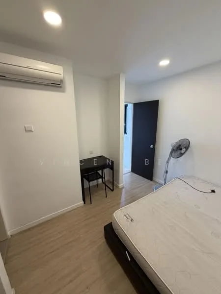 Bedroom features: light wood laminate flooring, white painted walls, 1 wall-mounted split AC, 1 ceiling fan, black bed frame, mattress on bed frame, small black study desk, black chair, door leading to hallway, window with natural light; style: modern.