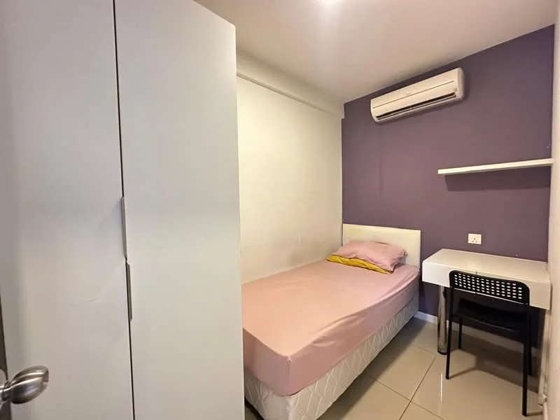 Bedroom features: single bed with pink bedding, white headboard, purple accent wall, white painted walls, built-in wardrobe with sliding doors, study desk with black chair, air conditioning unit, tile flooring, wall-mounted shelf; style: modern.