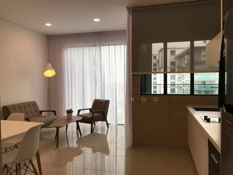 Living features: white painted walls, glossy tile flooring, floor-to-ceiling windows, sheer curtains, 2-seater fabric sofa in grey, accent chair in grey, wooden coffee table, decorative plant in ceramic pot, modern floor lamp, recessed downlights; style: modern; view: city.