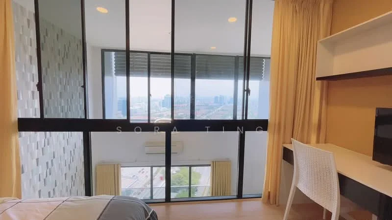 Room features: floor-to-ceiling windows, city view, light-colored walls, wooden flooring, air conditioning unit, desk with chair, curtains, built-in shelving; style: modern.
