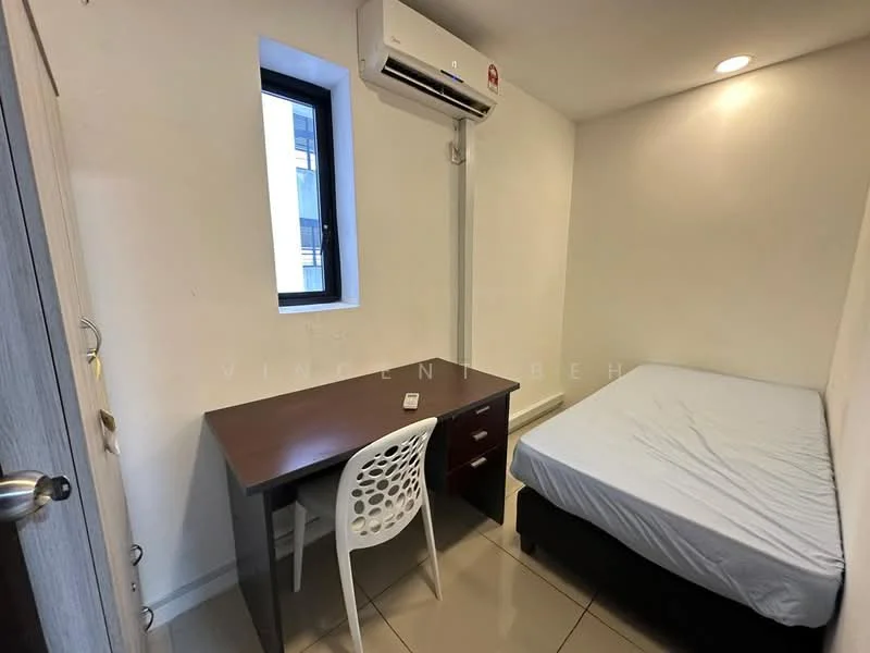 Bedroom features: single bed, white bed linens, study desk, white plastic chair, wall-mounted air conditioning unit, small window, light-colored painted walls, tile flooring, ceiling light; style: modern.