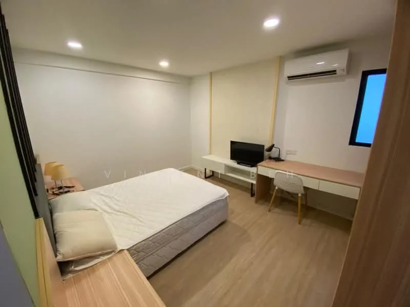 Bedroom features: queen-size bed, wooden headboard, wall-mounted TV, desk with chair, wall-mounted air conditioning unit, light wood flooring, white painted walls, recessed downlights, window with black frame, built-in wardrobe; style: modern.