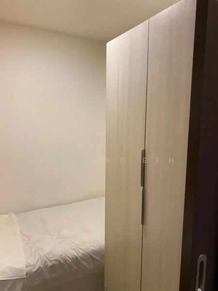 Bedroom features: single bed with white bedding, light wood wardrobe, white painted walls, laminate flooring, window with no visible treatment.