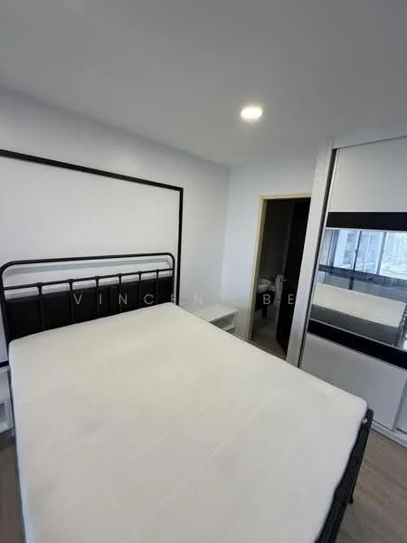 Bedroom features: queen-size bed frame without mattress, white painted walls, light wood flooring, built-in wardrobe with mirrored doors, recessed downlights, single wall sconce, window with city view, nightstand, neutral color bedding, minimalist decor; style: modern; view: city.