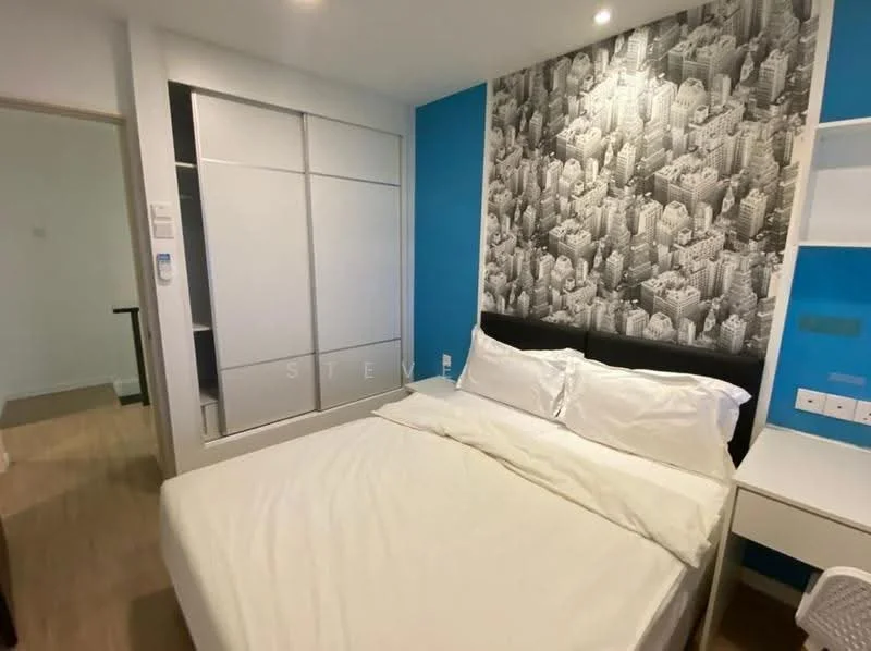 Bedroom features: queen-size bed with white bedding, black upholstered headboard, feature wall with cityscape wallpaper, white painted walls, light wood flooring, built-in wardrobe with sliding doors, nightstand with drawer, recessed ceiling lights; style: modern.
