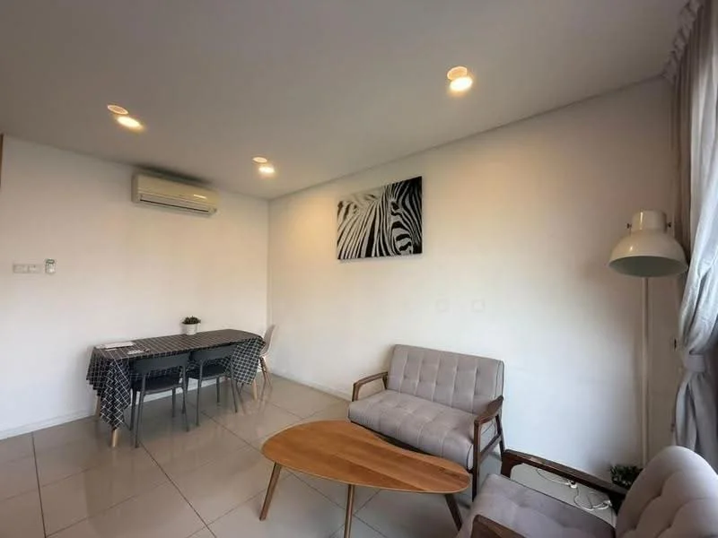 Living features: 2-seater fabric sofa in light grey, armchair with wooden frame, wooden coffee table, dining table with checkered tablecloth, 4 dining chairs, wall-mounted air conditioning unit, recessed LED downlights, light grey walls, large window with sheer curtains, decorative artwork on wall; style: modern.