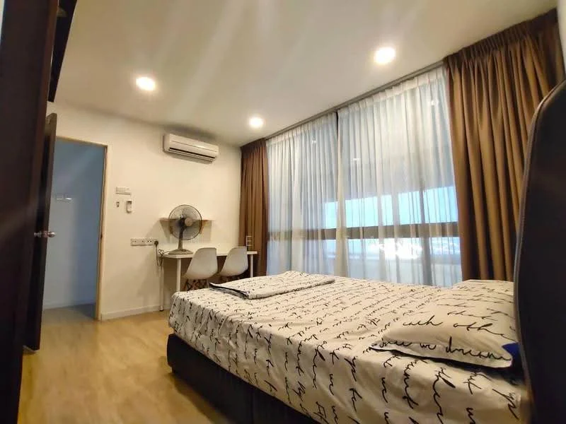 Bedroom features: queen-size bed with patterned bedding, wooden flooring, floor-to-ceiling windows, sheer curtains, brown blackout curtains, 1 wall-mounted split AC, ceiling fan, study desk with two chairs, decorative wall art, built-in wardrobe; style: modern; view: city.