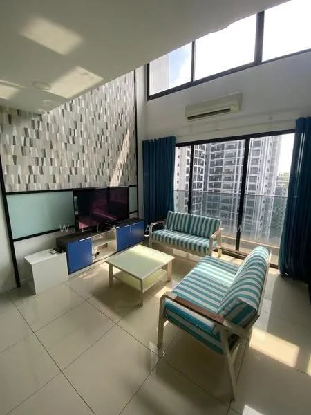Living features: floor-to-ceiling windows, sliding glass door, blue curtains, white painted walls, textured accent wall, polished ceramic tile flooring, 3-seater fabric sofa in blue and white stripes, 2-seater fabric sofa in blue and white stripes, glass coffee table, TV console with blue cabinetry, wall-mounted TV, wall-mounted split AC; style: modern; view: city.