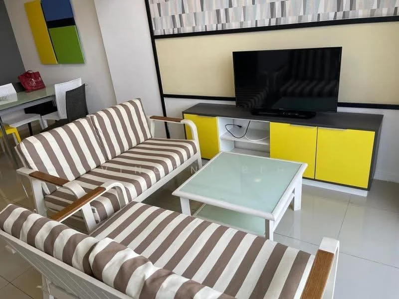 Living features: 2-seater fabric sofa with striped pattern in beige and brown, 3-seater fabric sofa with striped pattern in beige and brown, glass coffee table, TV console with yellow and black cabinetry, wall-mounted flat-screen TV, white tiled flooring, decorative wall panel with geometric pattern, open layout to dining area; style: modern.
