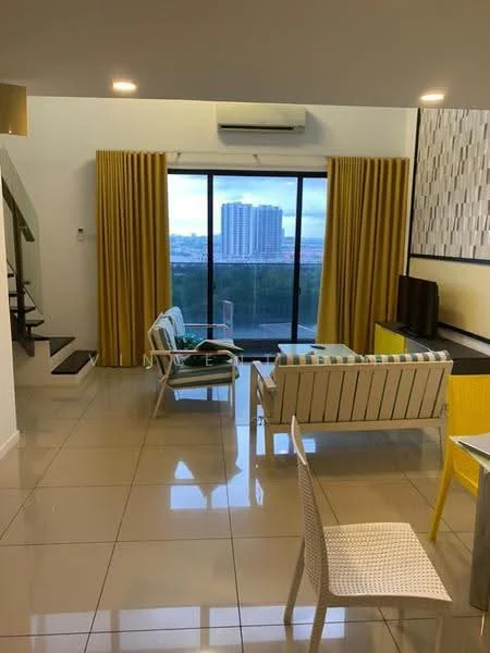 Living features: floor-to-ceiling windows, yellow curtains, white walls, polished tile flooring, 2-seater white sofa, 3-seater white sofa with blue stripes, glass coffee table, yellow dining chairs, air conditioning unit, staircase leading to upper level; style: modern; view: city.