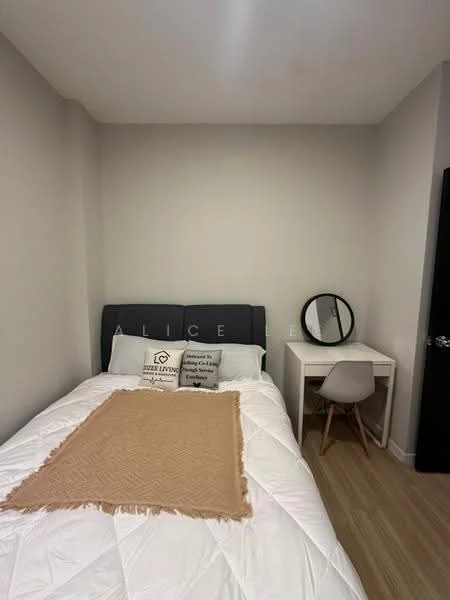 Bedroom features: queen-size bed with upholstered headboard, white bedding, decorative throw blanket, two decorative pillows, desk with round mirror, white chair, light wood flooring, plain grey walls, black door, minimalist decor; style: modern.