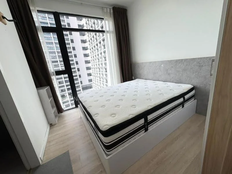 Bedroom features: queen-size bed, mattress on bed frame, floor-to-ceiling windows, city view, light brown laminate flooring, grey accent wall, curtains, built-in wardrobe; style: modern; view: city.