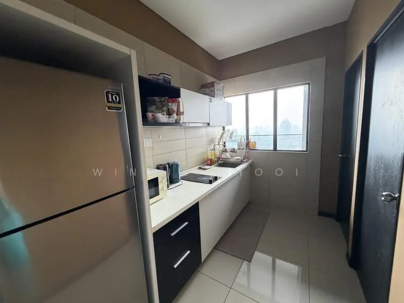 Kitchen features: white cabinetry, black lower cabinets, stainless-steel fridge, single-bowl stainless-steel sink, chrome pull-down faucet, white countertop, tile backsplash, ceramic tile flooring, window with city view, microwave, kitchen utensils on countertop, wall-mounted shelves; style: modern; view: city.