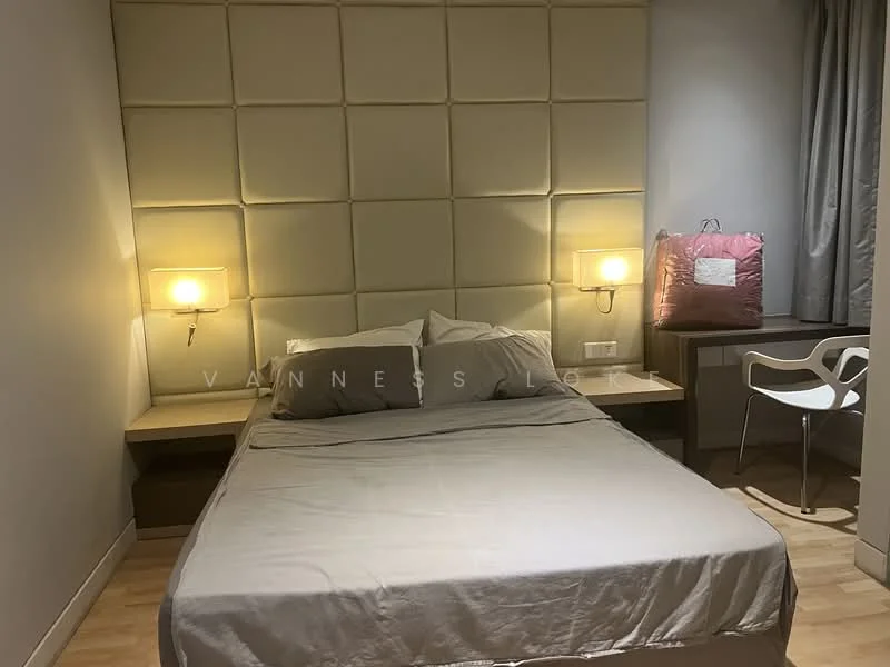 Bedroom features: queen-size bed, upholstered headboard, bedside lamps, wooden bedside tables, light grey bedding, wooden flooring, curtains, desk with chair; style: modern.