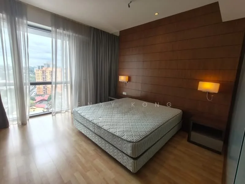 Bedroom features: wooden flooring, floor-to-ceiling windows, grey sheer curtains, wood panel accent wall, two wall-mounted bedside lamps, queen-size bed frame, nightstand, unmade bed with mattress; style: modern; view: city.