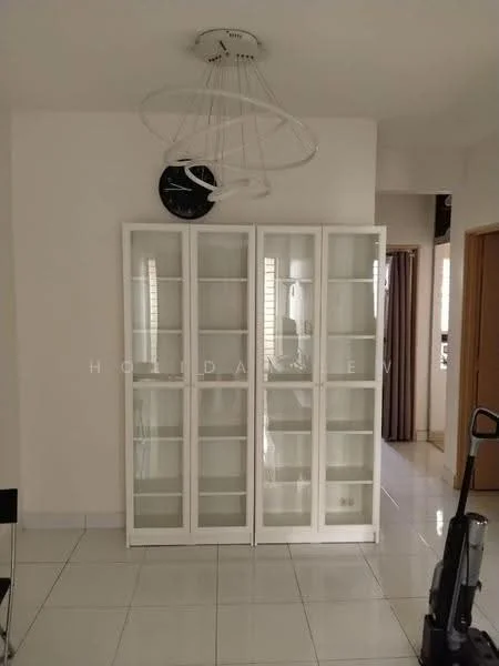 Room features: white painted walls, glossy white tile flooring, modern ceiling light fixture, wall clock, glass-front display cabinet, vacuum cleaner, curtains, doorway to another room; style: modern.