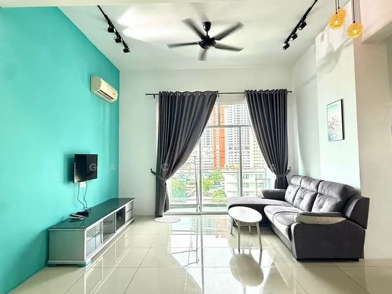 Living features: turquoise accent wall, white painted walls, glossy tile flooring, 5-blade ceiling fan with light, sofa in grey, coffee table, TV console, wall-mounted TV, floor-to-ceiling windows, blackout curtains, city view; style: modern; view: city.